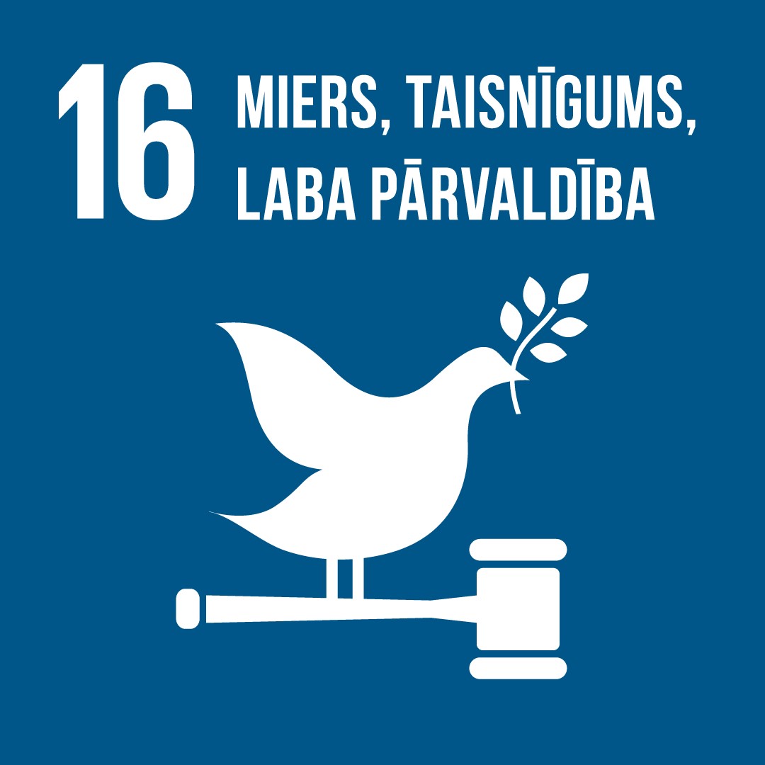 ANO 16. IAM "Veicināt miermīlīgu un iekļaujošu sabiedrību ilgtspējīgai attīstībai, nodrošināt taisnīgas tiesas pieejamību visiem un izveidot efektīvas, atbildīgas un iekļaujošas institūcijas visos līmeņos" ikona
