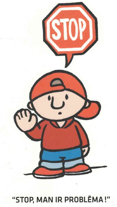 Programmas "Stop 4 - 7" ilustrācijā zēns māj ar roku un saka STOP! Man ir problēma.