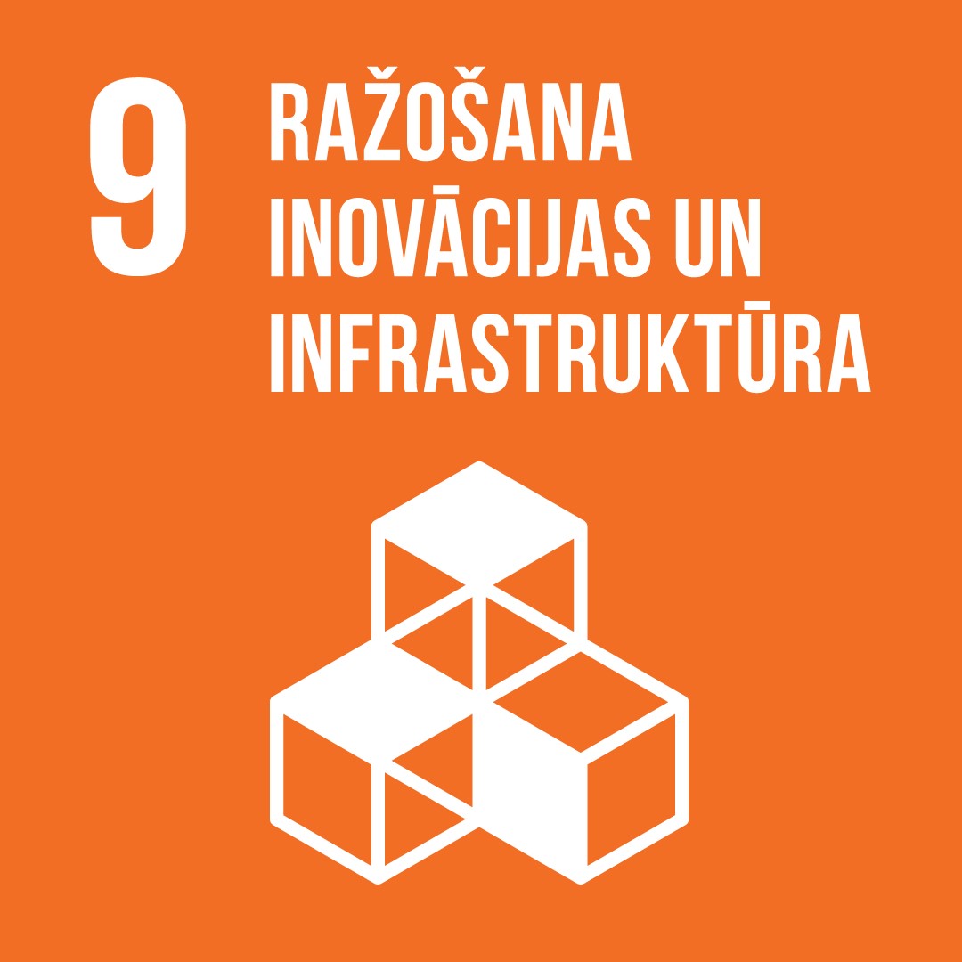 ANO 9. IAM "Veidot noturīgu infrastruktūru, veicināt iekļaujošu un ilgtspējīgu industrializāciju un sekmēt inovācijas" ikona